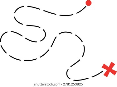 Old treasure map with red X mark and dotted trail leading to hidden spot. Ancient quest route with dashed path lines and cross symbol. Vector illustration isolated on white.