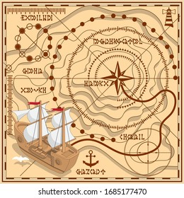Old treasure map. Route scheme. Vector illustration.
