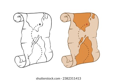 Old treasure map vector illustration. Hand drawn pirate paper scroll. 