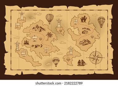 Old treasure map vector sketch. Hand drawn illustrations, vector.