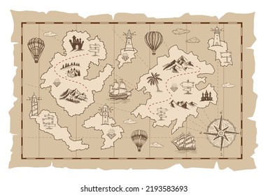 Old treasure map vector sketch. Hand drawn illustrations, vector.	