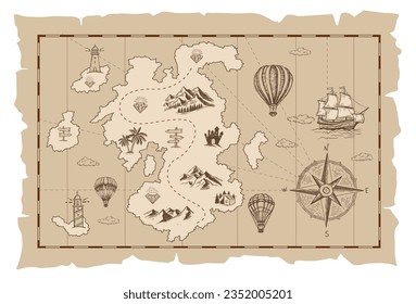 Old treasure map vector sketch. Hand drawn illustrations, vector.	