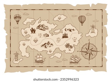 Old treasure map vector sketch. Hand drawn illustrations, vector.	
