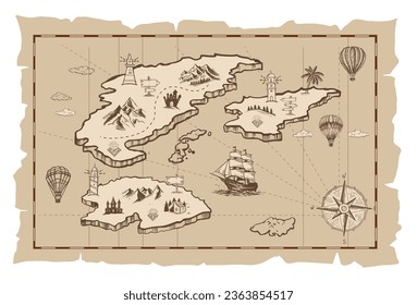 Old treasure map vector sketch. Hand drawn illustrations, vector.	