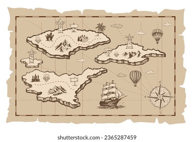 Old treasure map vector sketch. Hand drawn illustrations, vector.