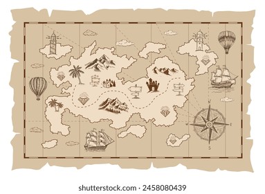 Old treasure map vector sketch. Hand drawn illustrations, vector.