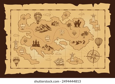 Old treasure map vector sketch. Hand drawn illustrations, vector.	