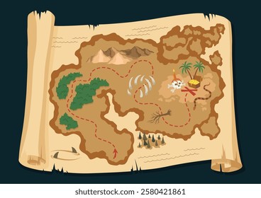 Old treasure or pirate map. Vintage grunge adventure, treasure research game. Worn parchment with land and wind rose. Hand drawn vector illustration