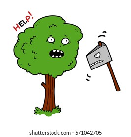 An old tree and an ax with a wicked grin, waving to cut it down. The concept of ecological problem connected with the active deforestation on the planet, which is detrimental to mankind and animals