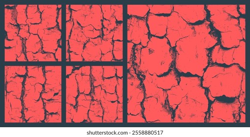 Old Tree Bark Surface Seamless Texture Set Vector Red Black Abstract Background. Grungy Distressed Texture Boundless Natural Pattern. Cracked Textured Old Material Loopable Grunge Abstraction