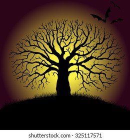 old tree and bats silhouettes, halloween composition,  hand drawn illustration, 