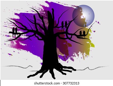 Old tree with birds in the night time Vector illustration