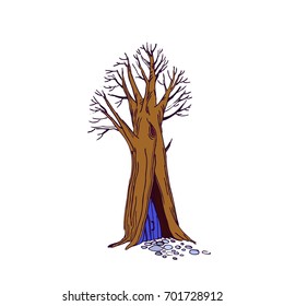 old tree with a blue door. vector illustration