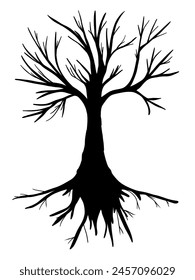 Old tree with branch and root in simple silhouette style