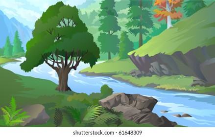 OLD TREE BY RIVERSIDE  AMIDST HILLS  AND ROCKS