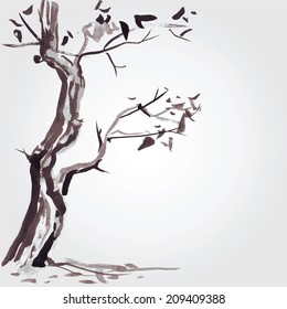 Old tree in Chinese style. Vector hand drawn illustration.