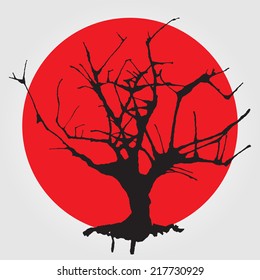 Old tree in Chinese style. Vector hand drawn illustration.