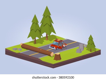 Old tree crashed on the road. 3D lowpoly isometric vector concept illustration