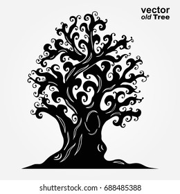 Old tree with crimped branches, a hollow, knotty roots. Tattoos, doodling style. Element for Halloween design, print on the T-shirt, souvenir products.