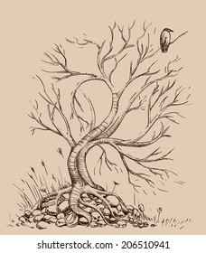 old tree with crow, hand drawing, scary halloween