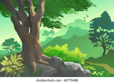 OLD TREE, FLORA AND FAUNA BY HILLSIDE