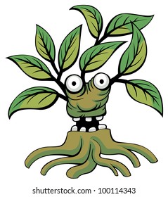 Old tree as a forest spirit with opened mouth talking