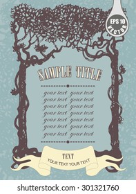 Old tree in a frame with roots and leaves. To accommodate your text. For postcard, cover, family tree, invitation, greeting card. Vector illustration