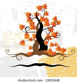 Old tree, grass, autumn, grunge background