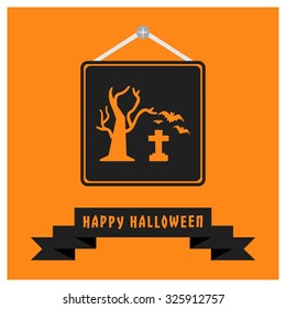 Old tree in graveyard with grave and bats flying icon. Black Happy Halloween Ribbon Banner on Orange background. Vector illustration