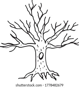 old tree with a hollow hand drawn in doodle style. vector, scandinavian, monochrome. single element for design, sticker, card, poster, decor, plant, forest, halloween