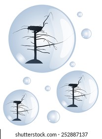 An old tree with a large nest in a transparent bubble, vector illustration