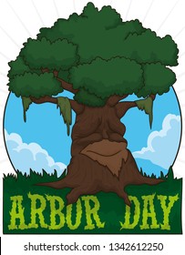 Old tree ready to celebrate Arbor Day in a beautiful grass field with greeting and round button with sky and clouds.