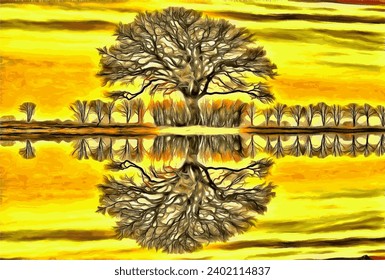 Alter Baum, der im Wasser und im Sonnenuntergang reflektiert