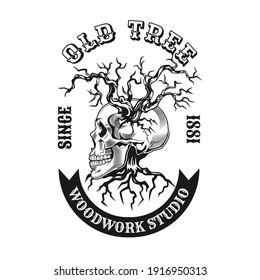 Old tree shop emblem design. Monochrome element with leafless tree branches, roots and skull vector illustration with text. Woodwork studio concept for symbols and labels templates