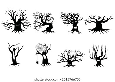 Old Tree Silhouettes with Roots Vector Set

