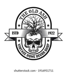 Old tree with skull shop emblem design. Monochrome element with leafless tree and dead head vector illustration with text. Vintage shop concept for badges and labels templates