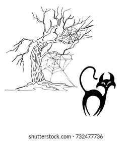 Old tree with spider web and black cat. Halloween set for your design.
