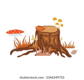 Old tree stump, grass, autumn leaves, mushrooms simple doodle cartoon vector illustration, hand drawn image Halloween, fall holidays perfect for stationery, poster, environment save nature concept