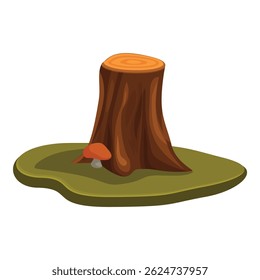 Old tree stump growing on a patch of grass with a small mushroom