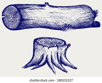 Old tree stump and log. Doodle style