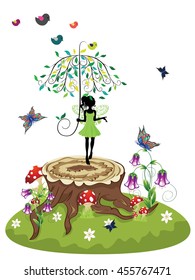 Old tree stump with mushrooms, purple flowers and fairy on green lawn.