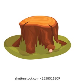 Old tree stump standing on a green grass patch with a mushroom growing next to it