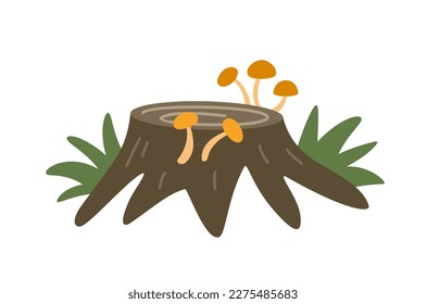 Old tree stump. Sticker with roots and dry stump of felled tree with growing mushrooms. Wild plant in woodland. Cartoon flat vector illustration isolated on white background