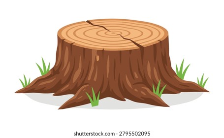Old tree stump with visible growth rings on green grass background environment