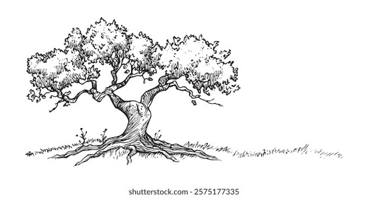 old tree with twisted branches and roots in monochrome hand-drawn style