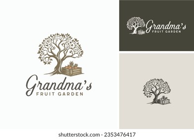 Old Tree with Wooden Crates Silhouette of Fruit like Apple and Pineapple for Rural Garden Farm Orchard Harvest Classic Vintage Logo Design