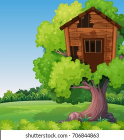 Old treehouse on the tree in park illustration