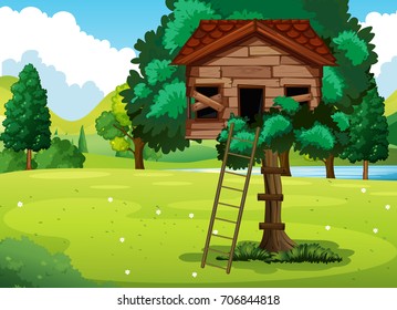 Old treehouse in the park illustration