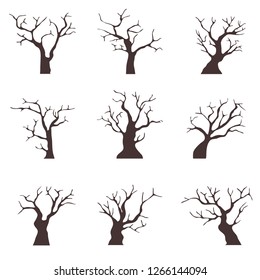 Árboles viejos sin hojas. Colección de viejos árboles negros con ramas secas. Dibujo de caricaturas de madera seca vieja.