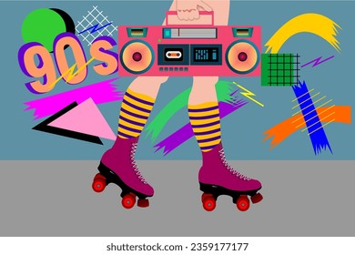 old trending style. quad roller skating on the street carrying a radio tape compo.